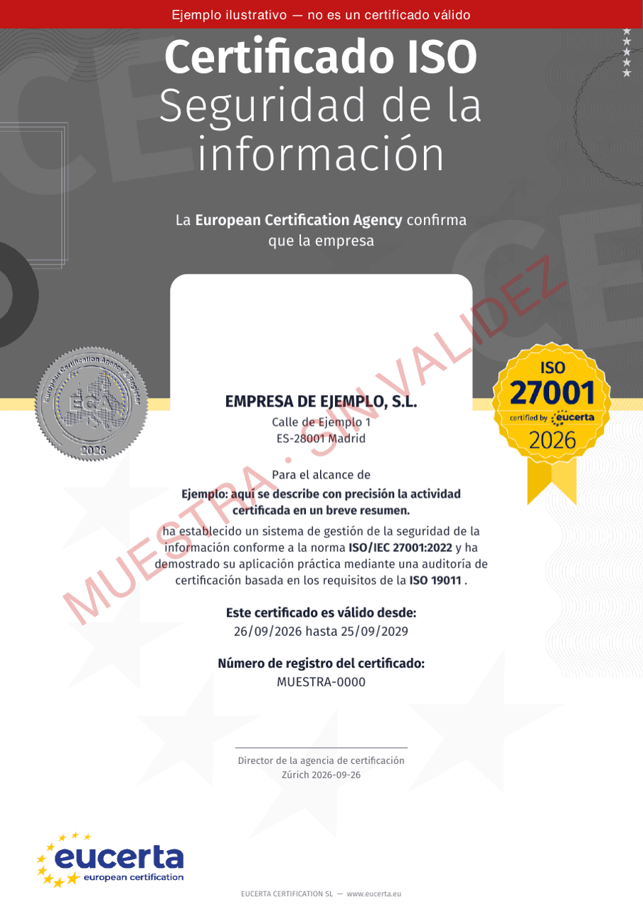Certificado ISO/IEC 27001 de muestra — ejemplo sin validez